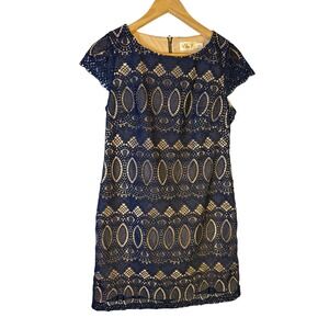 Eliza J Womens Navy Blue Lace Cap Sleeve Sheath Cocktail Dress Size 6P Petite